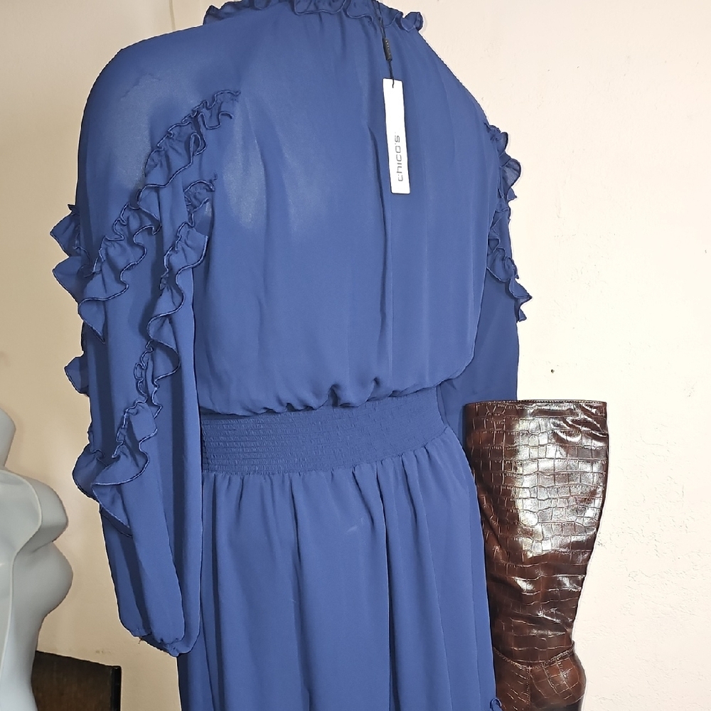 Chico's Blue Ruched Ruffle Sundress V-Neck - Picture 6 of 8